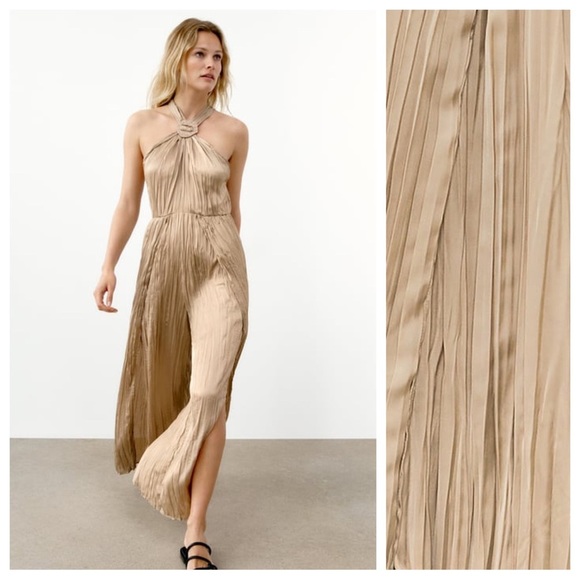 NWT. Zara Stone Satin Effect Wrinkle Look Halter Jumpsuit. Size XS. - Picture 1 of 11